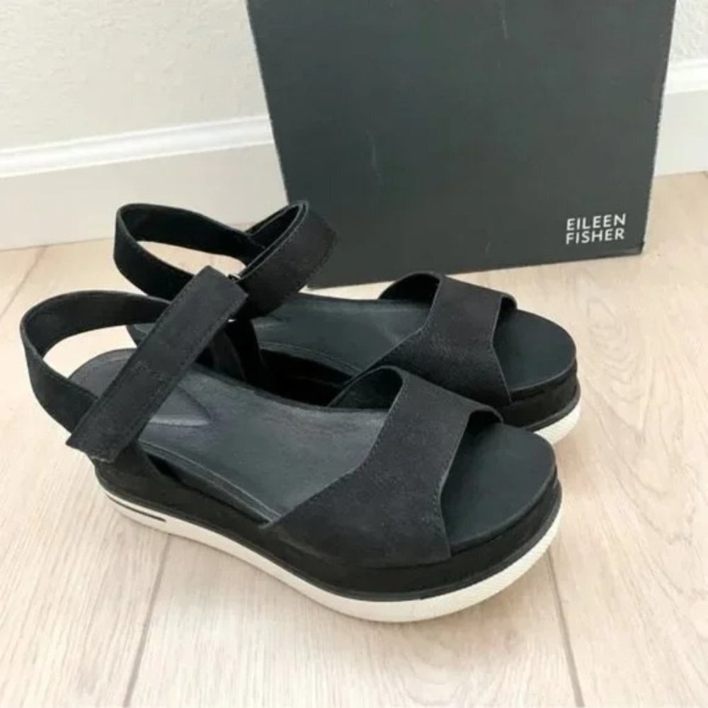🖤 Eileen Fisher Black Beck Sporty Platform Wedge Heeled Sandals